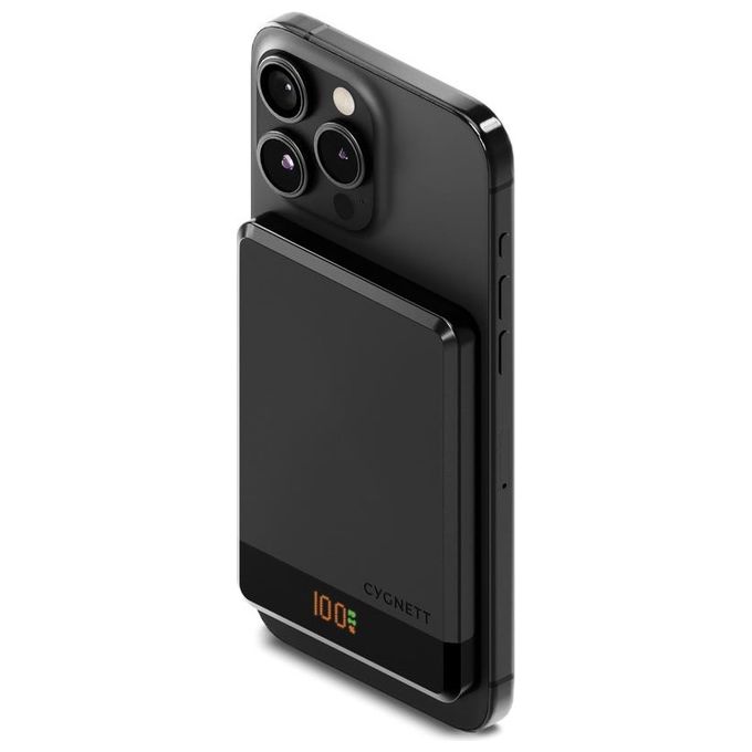 Cygnett CY5092PBCHE MagSlim Power Bank 5000 mAh MagSafe Wireless 15W Display USB-C colore Nero