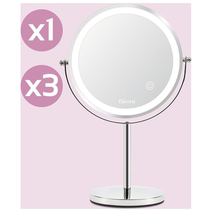 Girmi BE0200 BE02 Specchio per trucco con luce LED 1x 3x illuminazione a 3 colori rotazione 360° touchscreen USB ricaricabile colore Bianco