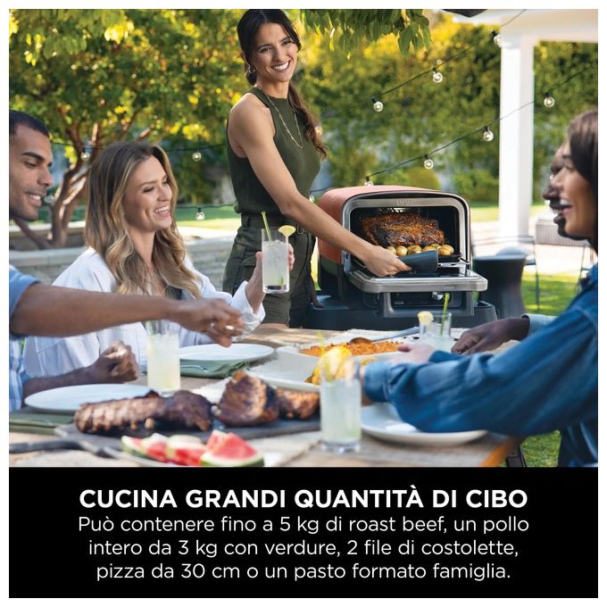 Ninja OO101EU Forno Elettrico da Esterno e Affumicatore 8 Programmi di Cottura Potenza 2400 W Temperatura Max 370 °C (45.7x54.6x38 cm) colore Inox-Rosso