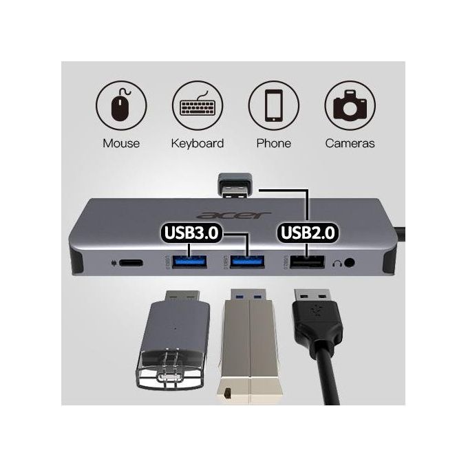 Acer HP.DSCAB.009 12-in-1 Type-C Dongle Multiporta con 2 HDMI 2 USB 3.2 Gen 1 2 USB 2.0 DisplayPort Ethernet Gigabit Lettore SD-MicroSD Uscita Audio 3.5 mm Power Delivery 100 W colore Argento