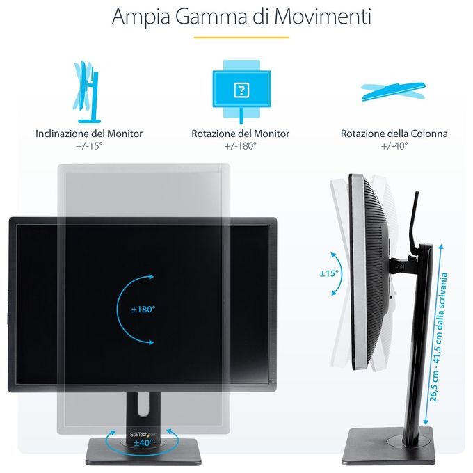 StarTech.com FPPNEUSTND Supporto da Tavolo per Monitor Regolabile Altezza 265-415 mm Inclinazione -15° +15° Rotazione 180° VESA 75x75 100x100 mm colore Nero