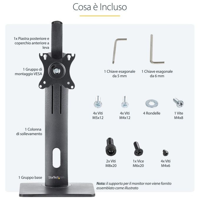 StarTech.com FPPNEUSTND Supporto da Tavolo per Monitor Regolabile Altezza 265-415 mm Inclinazione -15° +15° Rotazione 180° VESA 75x75 100x100 mm colore Nero