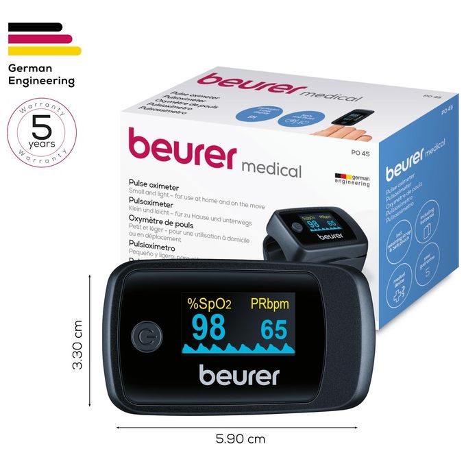 Beurer 45434 Pulsossimetro PO 45 Misurazione SpO2 Frequenza Cardiaca Indice di Perfusione Display OLED Bicolore colore Nero