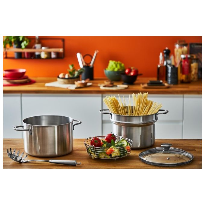 Lagostina 010166020922 Multiset PastaandVapore Pentola per Cottura Pasta e Vapore in Acciaio Inox con Cestello Graduato e Coperchio in Vetro colore Acciaio inox