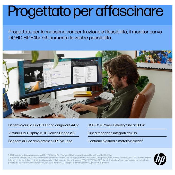 HP 6N4C1AA#ABB Monitor Curvo E45c G5 DQHD 44.5'' 5120x1440 32:9 165 Hz HDR400 USB-C Hub Altoparlanti Integrati colore Nero