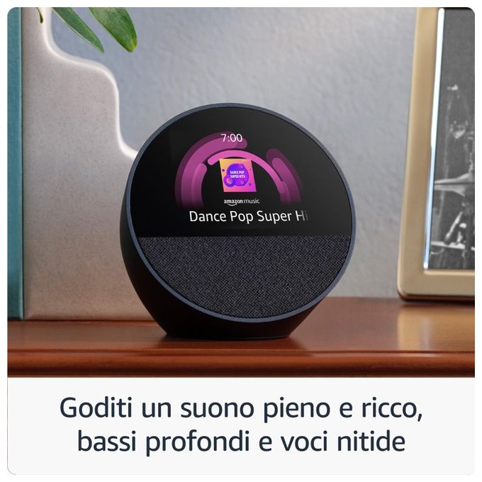 Amazon B0C2S2J7JP Echo Spot 2024 Sveglia Intelligente Alexa Display 2.83'' Touch Wi-Fi Bluetooth 5.0 2,1 W colore Nero