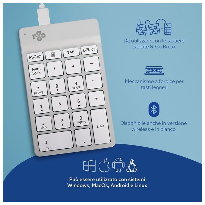 R-Go Tools RGOCONMWDWH Tastierino Numerico Numpad Break con Indicatore di Pausa USB Filaire colore Bianco