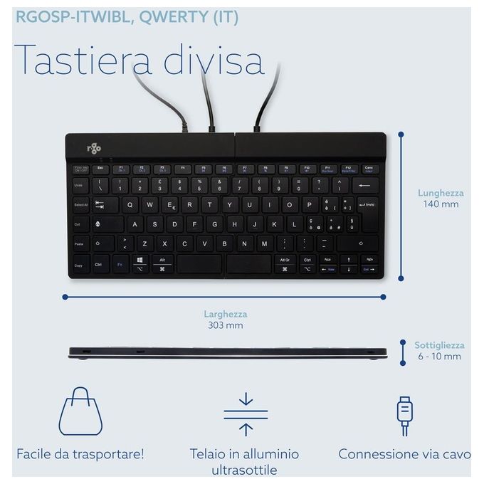 R-Go Tools RGOSP-ITWIBL R-Go Split Tastiera Ergonomica Divisa QWERTY Italiano USB Cablata Forbici Plug and Play colore Nero