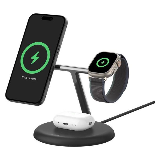 Belkin WIZ023VFBK BoostCharge Pro Supporto di Ricarica Wireless 3 in 1 Qi2 Magnetico Fino a 15 W Alimentatore Incluso colore Nero
