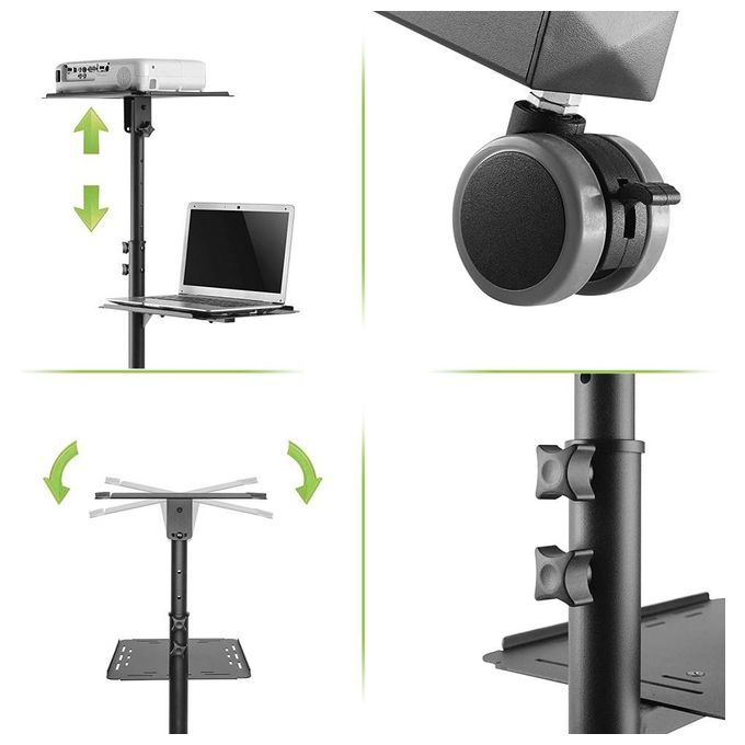 Techly 362145 Carrello per Proiettore Regolabile con 2 Mensole Altezza 950 1450 mm Inclinazione ±12° Portata 10 Kg colore Nero