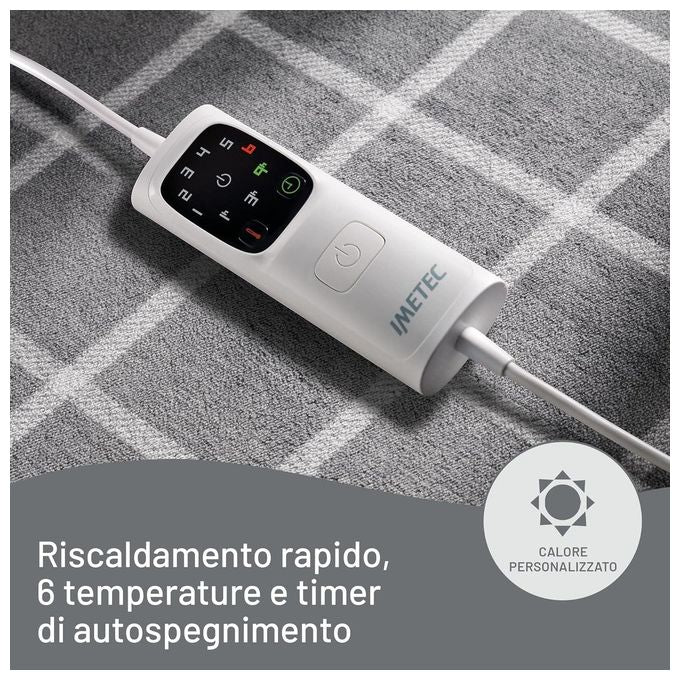 Imetec 16775 Adapto Velvet Square Plaid Riscaldabile 150x95 cm 150W 6 Temperature Timer Lavabile in Lavatrice colore Grigio Bianco