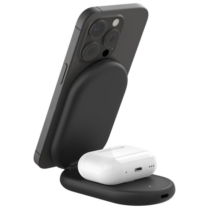 Belkin WIZ028VFBK BoostCharge Caricabatteria Magnetico 2 in 1 Qi2 15 W Ricarica Rapida con Supporto Pieghevole Nero