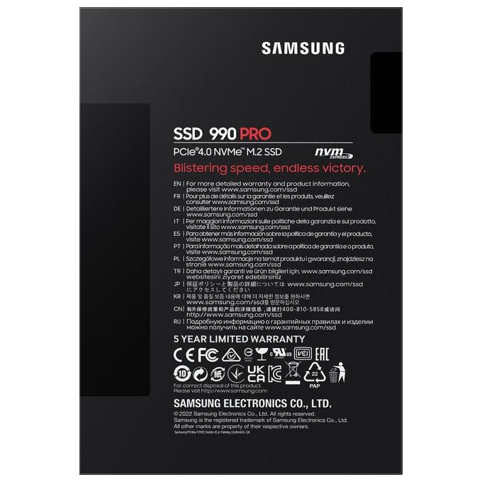 Samsung MZ-V9P1T0BW 990 PRO SSD Interno NVMe M.2 1TB PCIe 4.0 x4 Lettura 7450 MB-s Scrittura 6900 MB-s V-NAND MLC