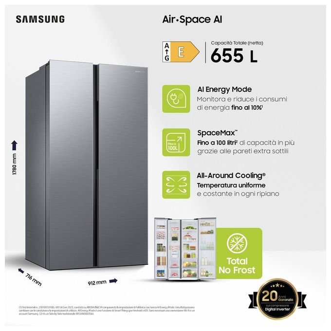 Samsung RS62DG5003S9 Frigorifero Americano Side by Side 655 L 178 cm Classe E 37 dB Total No Frost Wi-Fi SpaceMax (178x91x72 cm) colore Acciaio Inox
