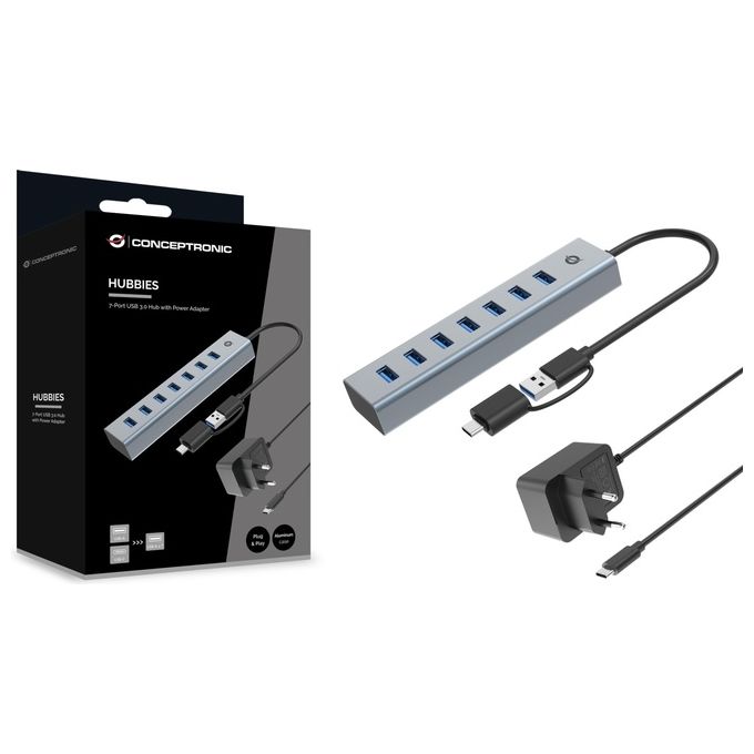 Conceptronic HUBBIES21GP Hub USB 3.2 Gen 1 Type-A 7 porte 5000 Mbit-s Plug and Play colore Grigio