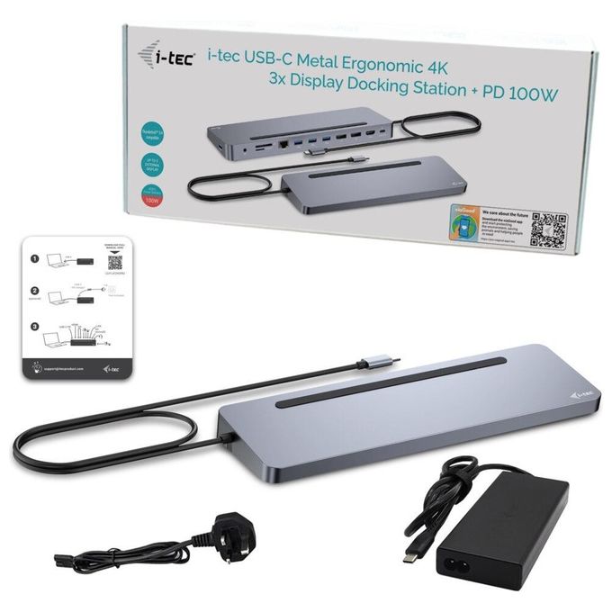 I-tec C31FLAT2PDPRO USB-C Metal Ergonomico 3x 4K Display Docking Station Power Delivery 100 W 4 porte USB 3.2 Gigabit Ethernet colore Argento
