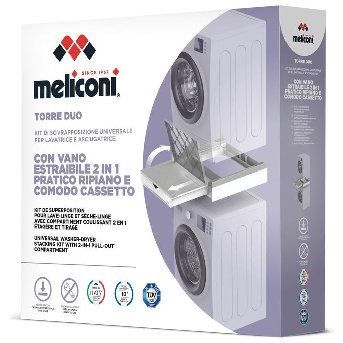 Meliconi DUO Torre Duo Kit di Sovrapposizione con Ripiano e Cassetto per Lavatrice e Asciugatrice colore Bianco