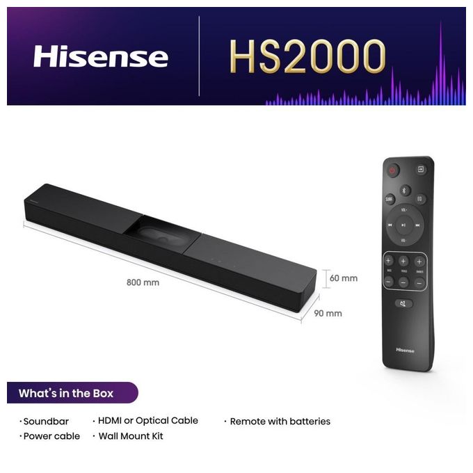 Hisense HS2000 Soundbar 2.1 Subwoofer Integrato 240W Dolby Digital Plus DTS Virtual:X Bluetooth 5.3 HDMI ARC USB Ottico colore Nero