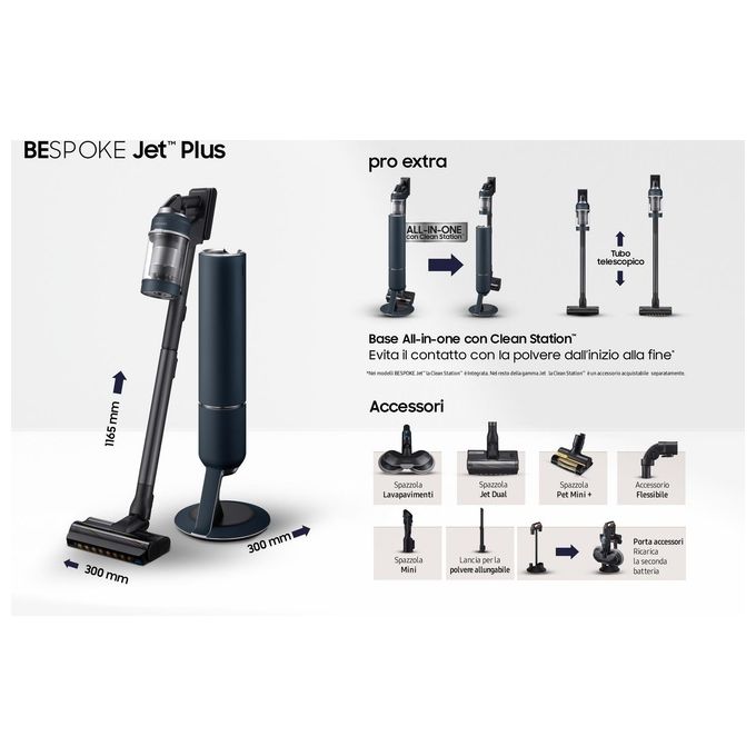 Samsung VS20B95973BWA BESPOKE Jet Plus Aspirapolvere Senza Filo 2 in 1 Multiciclonico 210W 120 min Clean Station colore Midnight Blue