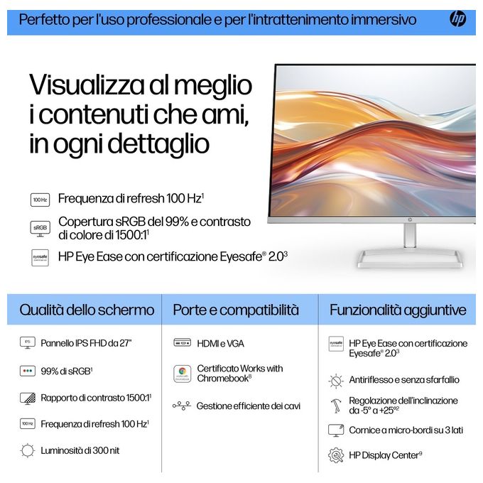 HP 94F44AA#ABB Series 5 Monitor PC 27'' Full HD IPS 100Hz 1920x1080 Flicker Free colore Nero Bianco