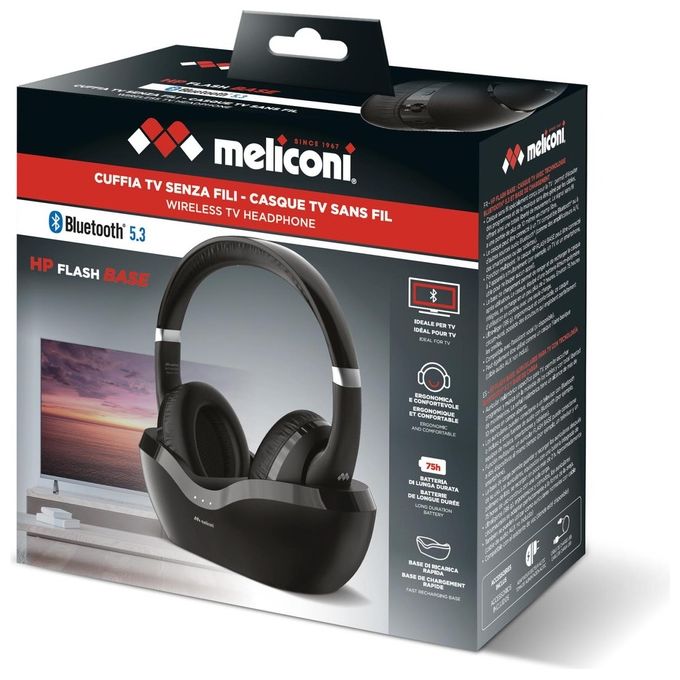 Meliconi 497338 HP Flash Base Cuffie TV a Padiglione Bluetooth 5.3 Wireless Autonomia 75h Base di Ricarica USB-C colore Nero