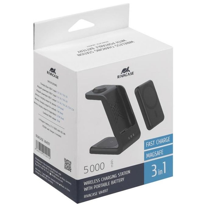 Rivacase VA4917 Caricabatterie Wireless Qi 3 in 1 MagSafe 15W Power Bank 5000 mAh Ricarica Rapida QC PD 20W colore Nero