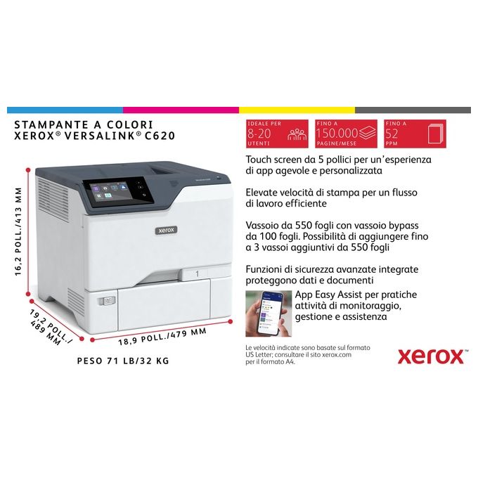 Xerox C620V_DN VersaLink C620 Stampante Laser A4 a Colori 50 ppm Duplex Automatico 2 Vassoi 650 Fogli Colore Grigio Bianco