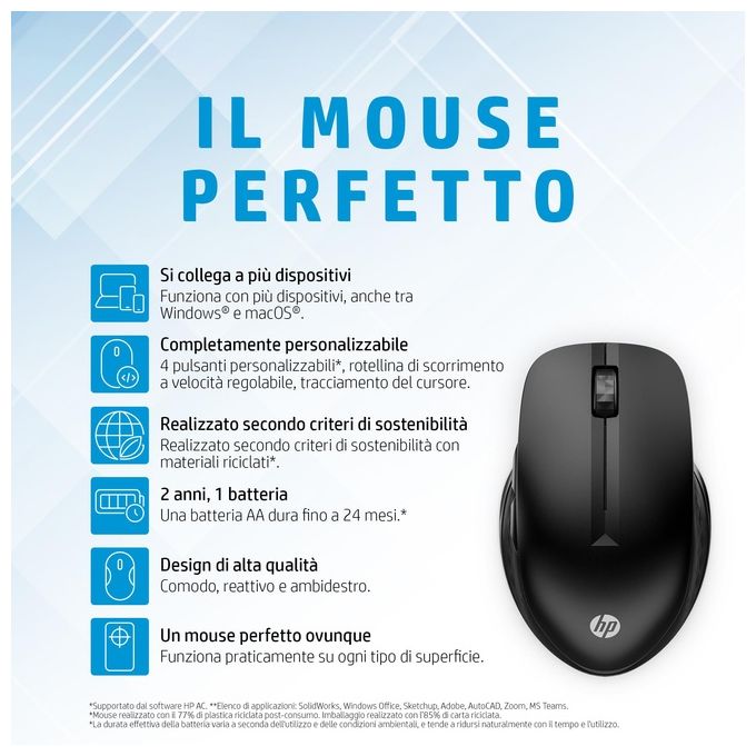 HP 3B4Q2AA 430 Mouse Wireless Multi-Dispositivo Bluetooth 5.2 e Dongle USB-A 1200 DPI 5 Pulsanti Batteria 24 Mesi colore Nero