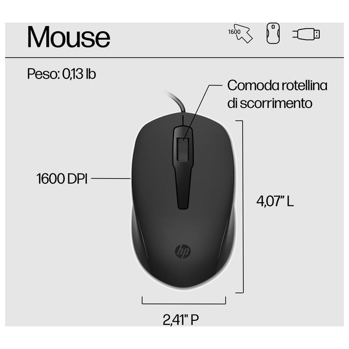 HP 240J7AA 150 Kit Tastiera e Mouse Wired USB Full-size Sensore Ottico 1600 DPI Plug and Play colore Nero