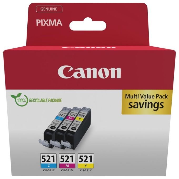 Canon 2934B015 Serie 521 Cartuccia d'inchiostro originale Confezione multipla 3 pezzi 9 ml ciascuna Ciano Magenta Giallo colore Ciano Magenta Giallo