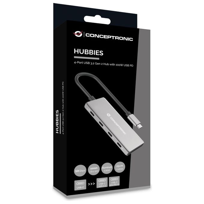 Conceptronic HUBBIES16G Hub di Interfaccia USB 3.2 Gen 2 Type-C 10000 Mbit-s Grigio