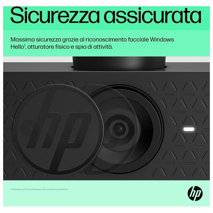 HP 6Y7L1AA#ABB Webcam HP 625 FHD Full HD 1920x1080 4 MP con Windows Hello Microfono Doppio Cancellazione Rumore Autofocus Coperchio Privacy Rotazione 360° colore Nero