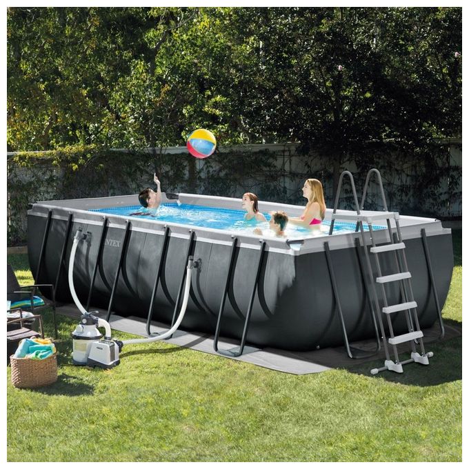 Intex 26356GN Piscina Fuori Terra XTR Frame Rettangolare Pompa Filtro 5700 L-h Scaletta Telo Base e Copertura 17203 L Acciaio e PVC Grigio 549x274x132 cm