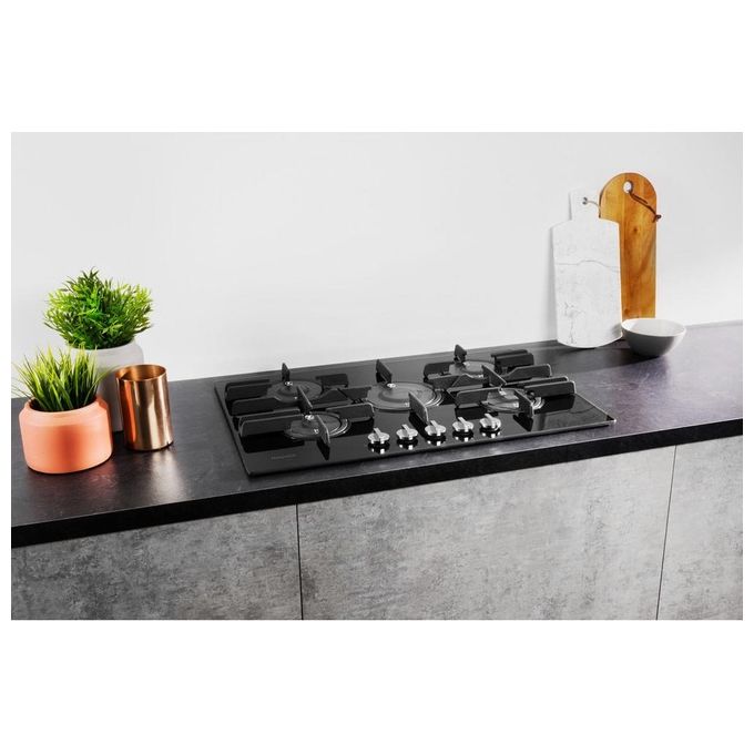 Hotpoint Ariston FTGHG 751 D-HA(BK) Piano Cottura a Gas in Vetro Temperato 5 Fuochi Griglie in Ghisa 75 cm Nero