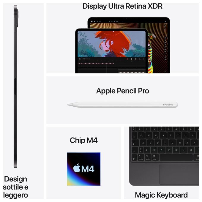 Apple MVVE3TY-A iPad Pro 11'' M4 Tablet 1TB 16GB RAM Wi-Fi 6E Display Ultra Retina XDR OLED colore Nero Siderale