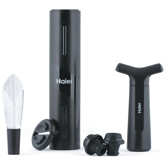 Haier HAWUKIT06 Set da Vino Elettrico 6 in 1 Ricaricabile USB Apribottiglie Aeratore Tagliacapsule Pompetta Sottovuoto 2 Tappi colore Nero