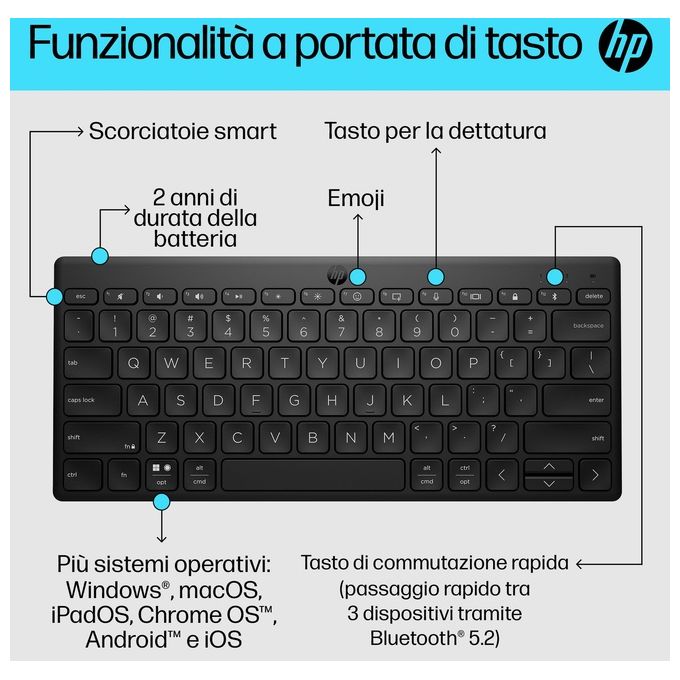 HP 692S9AA 355 Tastiera Bluetooth Multi-Dispositivo Compatta Wireless Bluetooth 5.2 Multi-Device 12 Tasti Rapidi colore Nero