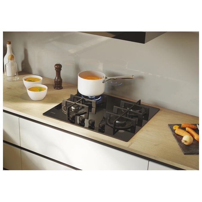 Candy CVG6BR4WTB Moderna Piano cottura a gas 60 cm 4 fuochi Vetro temperato Griglie lavabili in lavastoviglie colore Nero