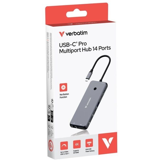 Verbatim CMH-14 Hub USB-C Multiporta Pro 14 Porte 2x HDMI 4K VGA Gigabit Ethernet SD PD 85W colore Argento