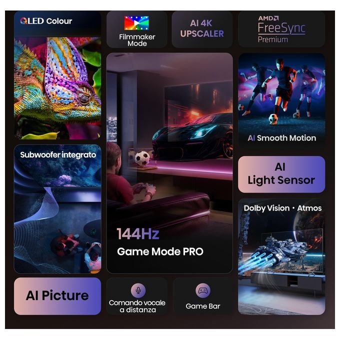 Hisense 100E7QPRO Smart TV QLED 100'' 4K Ultra HD 144Hz HDR Dolby Vision AMD FreeSync Premium VIDAA colore Nero