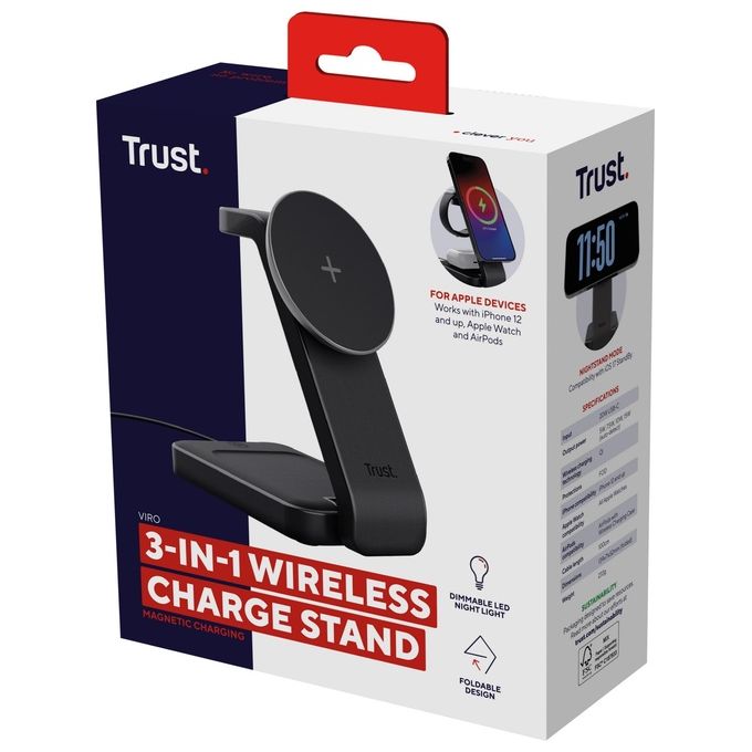 Trust Viro Supporto di Ricarica Wireless 3-in-1 Magnetico per iPhone Apple Watch AirPods 20W USB-C Design Pieghevole Luce Notturna LED Dimmerabile colore Nero