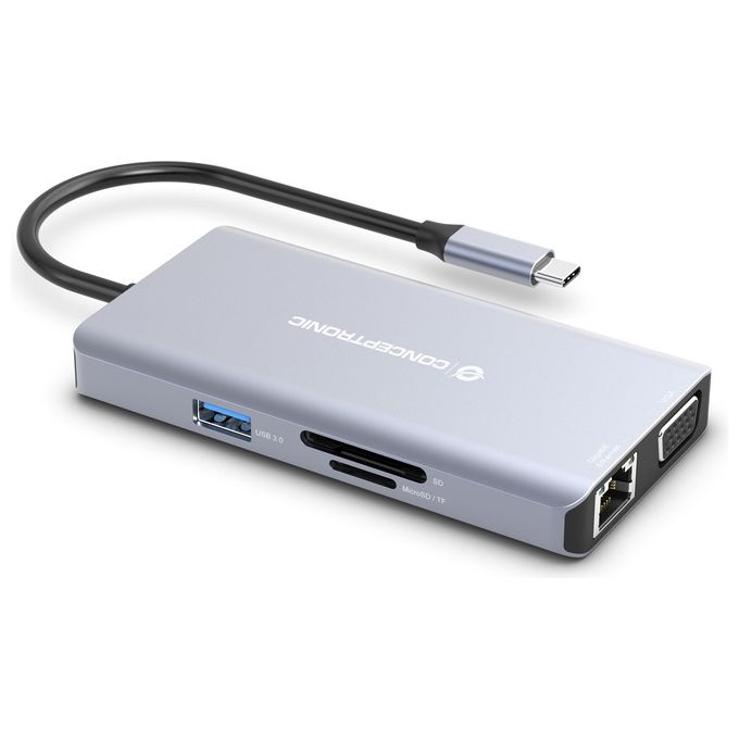 Conceptronic DONN20G Docking Station 10-IN-1 USB 3.2 Gen 1 Type-C HDMI VGA USB-C PD 3x USB 3.0 Gigabit Ethernet SD TF AUX 100 W colore Grigio