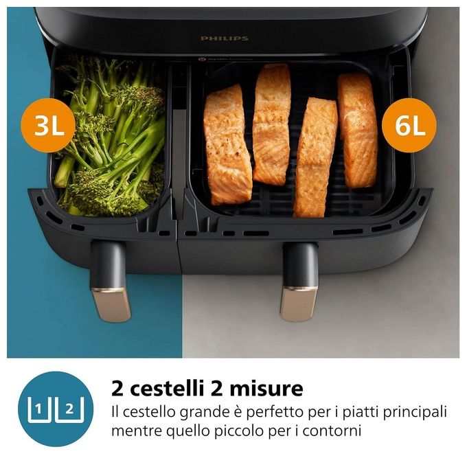 Philips NA352-00 Friggitrice ad aria 9 L 2750 W Doppio Cestello 8 Programmi Display LED colore Antracite