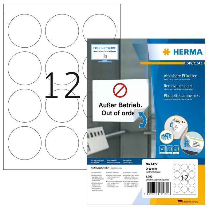 Herma Etichette Autoadesiva Rotonda 60mm 100 Fogli DIN A4 1200 Pezzi