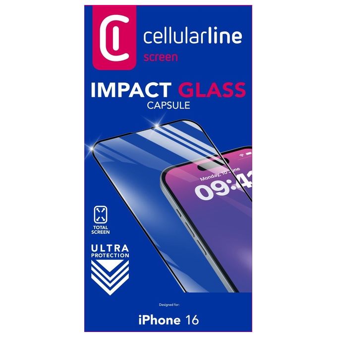 Cellularline 2TEMPGCAPIPH16 Impact Glass Capsule Vetro Temperato iPhone 16 9H Bordo a Bordo colore Trasparente