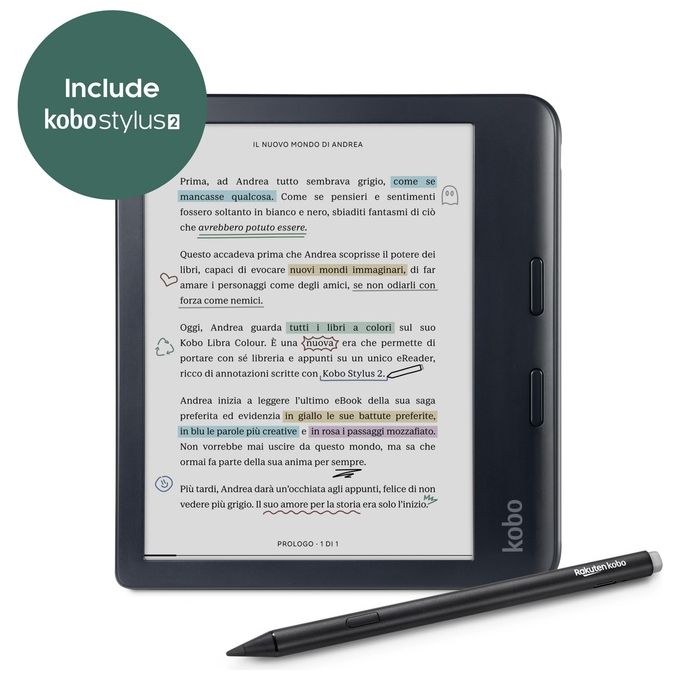 Kobo N428-KU-BK-K-BU Libra Colour eBook Reader Display 7'' E Ink Kaleido 32 GB RAM 1000 MB Wi-Fi Bluetooth USB tipo-C colore Nero