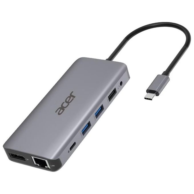 Acer HP.DSCAB.009 12-in-1 Type-C Dongle Multiporta con 2 HDMI 2 USB 3.2 Gen 1 2 USB 2.0 DisplayPort Ethernet Gigabit Lettore SD-MicroSD Uscita Audio 3.5 mm Power Delivery 100 W colore Argento