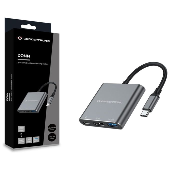 Conceptronic DONN18G Replicatore di Porte e Docking Station per Laptop Cablato Usb 3.2 Gen 1 Type-c Grigio