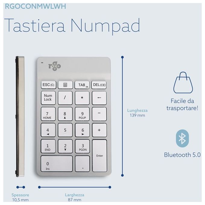 R-Go Tools RGOCONMWLWH R-Go Numpad Break Tastierino Numerico Ergonomico con Bluetooth 5.0 e Indicatore di Pausa colore Bianco
