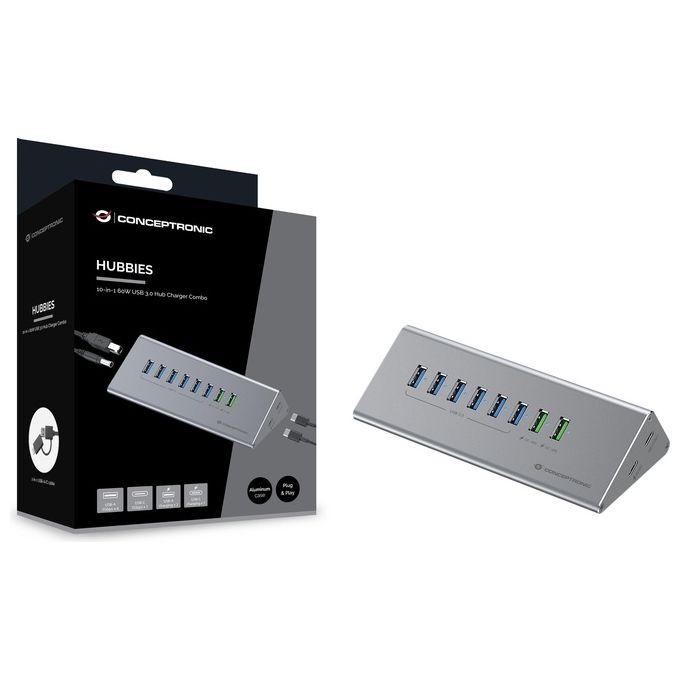 Conceptronic HUBBIES18G Hub Charger Combo USB 3.2 Gen 1 10 in 1 60 W con 6 Porte USB-A 3.0 1 Porta USB-C 3.0 2 Porte Ricarica USB-A 1 Porta Ricarica USB-C Cavo ibrido 2 in 1 incluso colore Grigio